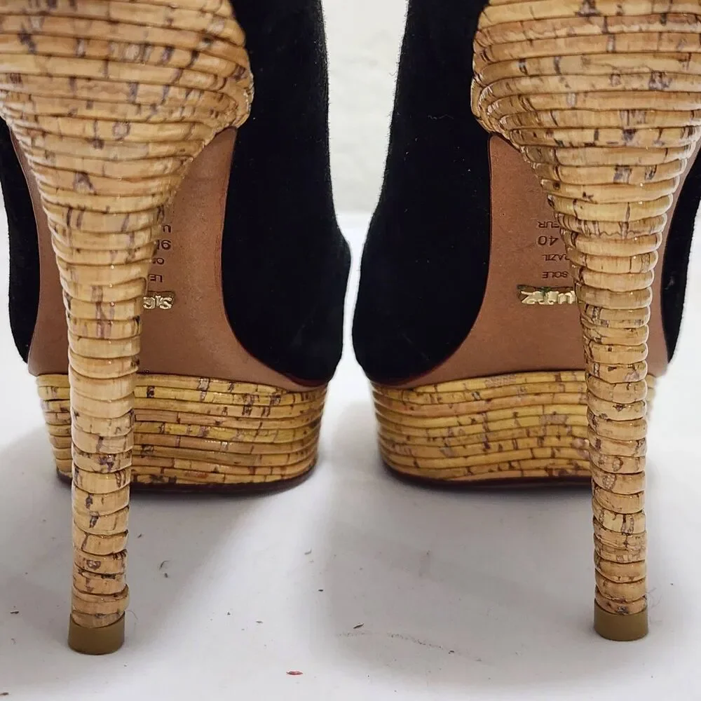 SCHUTZ Black Suede Peep Toe Platform Stiletto Heels Cork Bamboo Texture Pumps 9B